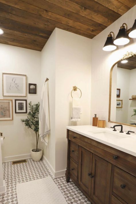 Beginner Friendly DIY Wood Ceiling - Newbuild Newlyweds Pink Countertops Bathroom, Bathroom Remodel Boho, Wood Ceiling Bathroom, Guest Bathroom Design, Ceiling Bathroom, Countertop Sink, Timeless Bathroom, Shower Walls, Wood Ceiling