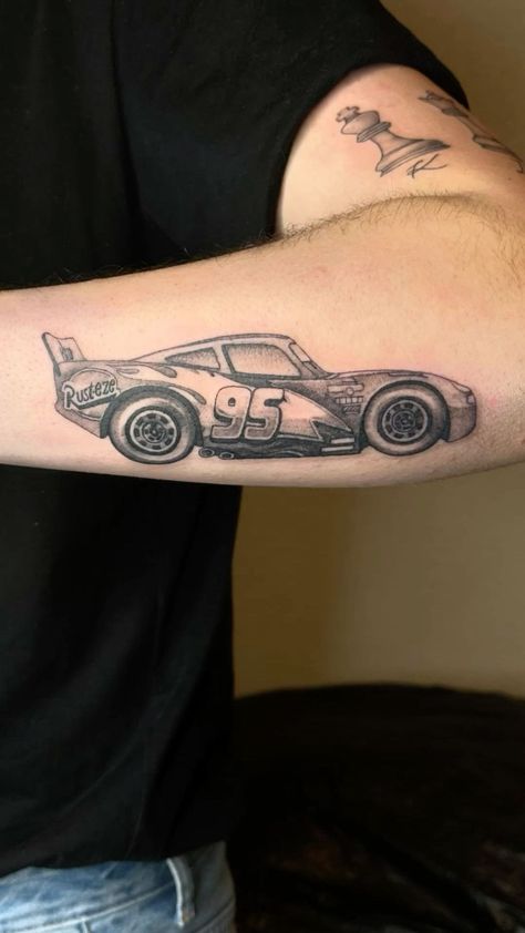 Doc Hudson Tattoo, Lightning Mcqueen Outline, Lightening Mcqueen Tattoos, Lighting Mcqueen Tattoos, Lightning Mcqueen Tattoos, Lighting Tattoo Men, Ride The Lightning Tattoo, Car Tattoo Sleeve, Car Themed Tattoos