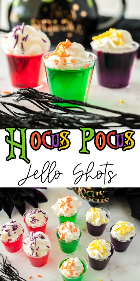 Halloween Witch Jello Shots, Witchy Jello Shots, Halloween Watch Party Ideas, Hocus Pocus Jello Shots, Easy Halloween Jello Shots, Jello Halloween Ideas For Kids, Halloween House Warming Party Ideas, Fall House Warming Party Ideas, Easy Hocus Pocus Snacks