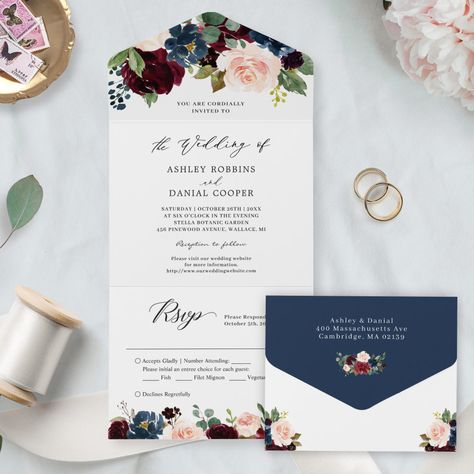 Add a touch of elegance to your wedding invitations with this Navy Burgundy Blush Floral All in One Invitation. The design features beautiful burgundy and blush florals with navy accents, making it perfect for a classic and romantic wedding. This invitation includes all the details your guests need in one convenient package, including a detachable RSVP card. Customize this template using Zazzle's design tool to make it uniquely yours. Minimalist Wedding Card, Popular Wedding Invitations, Blush Floral Wedding, Botanical Wedding Invitation, Navy Accents, Botanical Wedding Invitations, Rsvp Postcard, Invitations Ideas, Watercolor Invitations