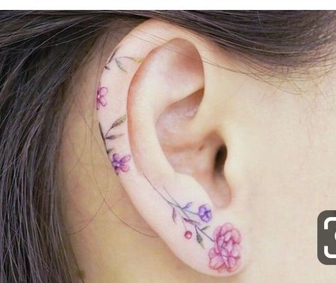 Colorful Behind The Ear Tattoo Ideas, Delicate Ear Tattoo, Ear Tattoo Floral, Ear Tattoo Flower, Floral Ear Tattoo, Watercolour Flower Tattoo, Ear Flower Tattoo, Flower Ear Tattoo, Helix Tattoo Ideas