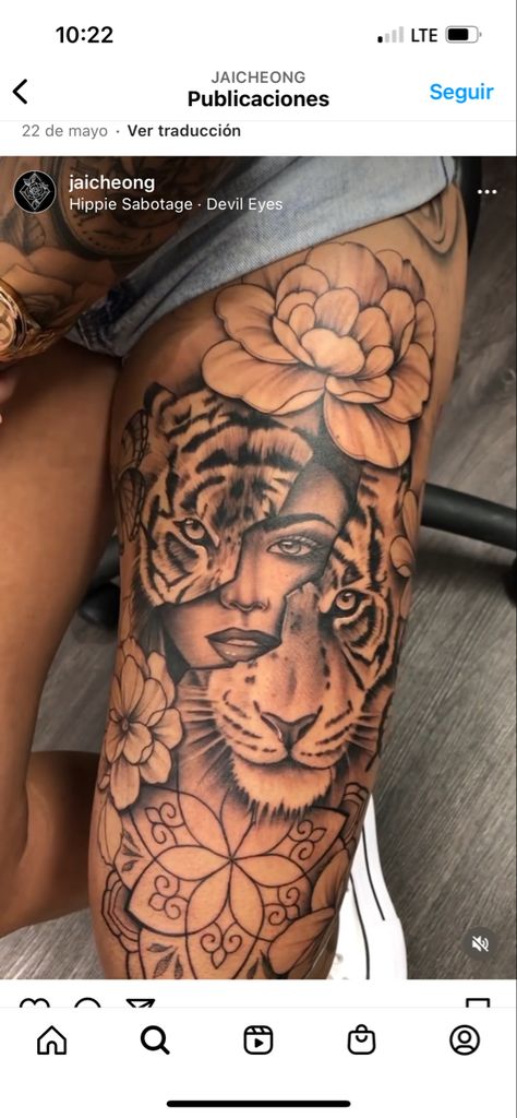 Animal Thigh Tattoo, Tattoo Pierna Mujer, Discreet Tattoos For Women, Lion Tattoo On Thigh, Dark Skin Tattoo, Hip Tattoo Designs, Hip Thigh Tattoos, Full Leg Tattoos, Tattoo Posters