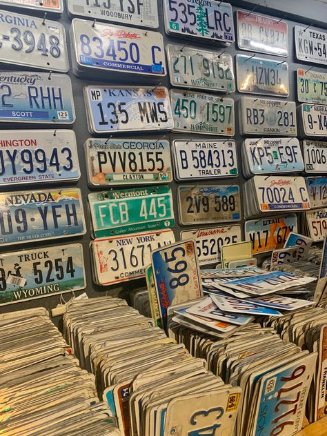 License Plate Collection, Car Plate Aesthetic, License Plates On Wall, License Plate Aesthetic, Grunge Bedroom Decor, License Aesthetic, License Plate Wall Decor, License Plate Ideas, Edgy Bedroom