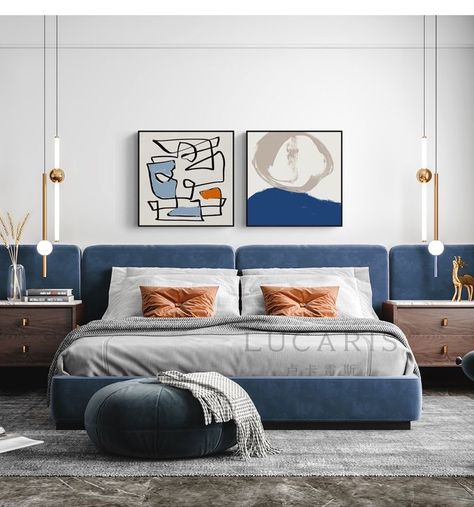 Modern Blue Bedroom, Bedroom Wall Designs, Dekorasi Kamar Tidur, Small Bedroom Decor, Hotel Interior Design, Bedroom Decor Design, Bed Furniture Design, Bedroom Furniture Design, Blue Bedding