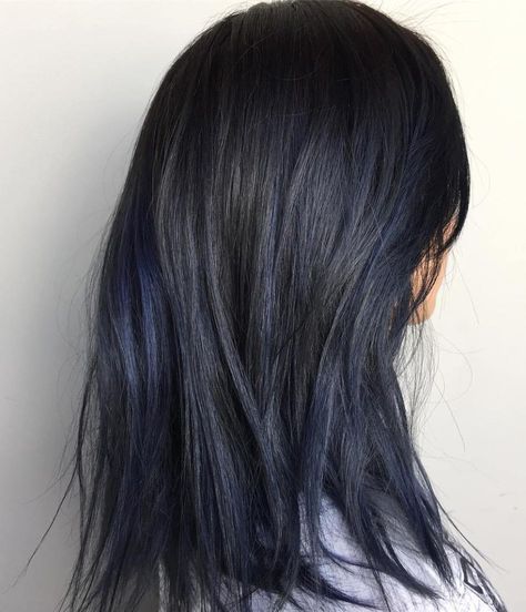 Black Hair With Subtle Blue Highlights Blue Hair Highlights Underneath, Blue Black Hair Color With Highlights, Black Hair Color With Highlights, Blue Underlights, Blue Black Hair Dye, Hair Color With Highlights, Blue Brown Hair, Color With Highlights, Blue Black Hair Color