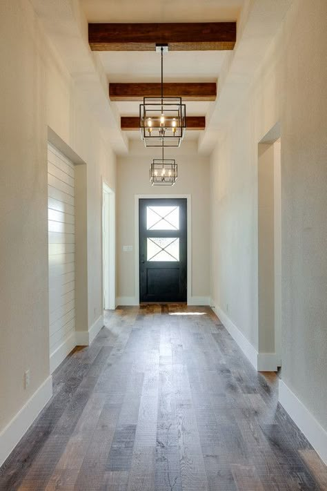 Beams In Hallway Entryway, Wood Beam Ceiling Hallway, Ceiling Design Staircase, Wood Beams Entryway, Wood Ceiling Hallway Entryway, Entryway With Beams, Wood Ceiling Accent, Cedar Beams, Wood Beams On Slanted Ceiling