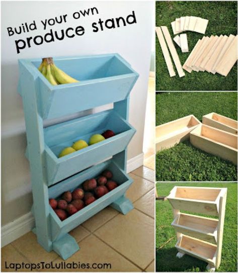 DIY produce stand | Heather's Handmade Life Diy Produce Stand, Vegetable Storage Rack, Growing Sprouts, Produce Storage, Produce Stand, Diy D, Vegetable Storage, Seni Dan Kraf, Playroom Organization