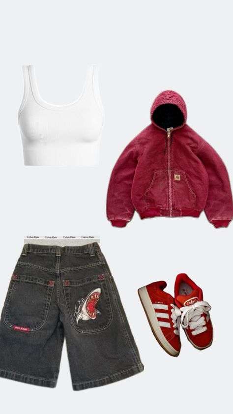 Red campus 00s white tank top red carhartt jacket black jorts ck under Red Streetwear Outfit, Red Carhartt Jacket, Red Campus, White Tank Top Outfit, Red And White Outfits, Red And Black Outfits, Campus Outfit, Outfit Streetwear, Aesthetic Streetwear