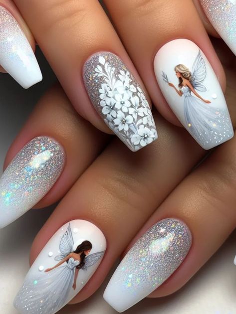 Acrylic With Gems, White Winter Nails, Nail Parlour, Purple Gel Nails, Angel Nails, 2024 Nails, Nails Silver, Pink Ombre Nails, Romantic Nails