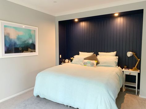 Makeover of bedroom wall with VJ panels and navy blue paint Bedroom Navy Wall, Navy Blue Feature Wall Bedroom, Navy Panelling Bedroom, Navy Feature Wall Bedroom, Blue Feature Wall Bedroom, Pallet Wall Bedroom, Midnight Blue Bedroom, Navy Bedroom Walls, Navy Blue Accent Wall