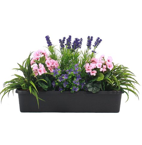 Artificial Mixed Flower Window Box Trough Container with Yucca, Geraniums, Starflower and Lavender - Outdoor and Indoor Use - Colourful and Realistic Fake Flower Window Boxes, Artificial Planter Ideas, Flower Trough, Artificial Garden Plants, Flowers Window, Artificial Plants Decor, Artificial Garden, Plant Window, Artificial Plants Indoor