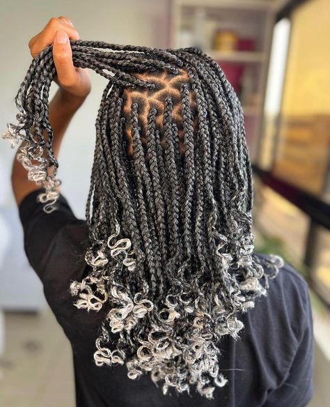 14. White and Black Mix Bohemian Knotless Braids With Curly Ends: Add whimsy to your style with this monochromatic mix, perfect for costume-themed parties and playful gatherings. Bohemian Braids, Braid Styles, 50 %, White And Black, Braids, White, Hair, Black