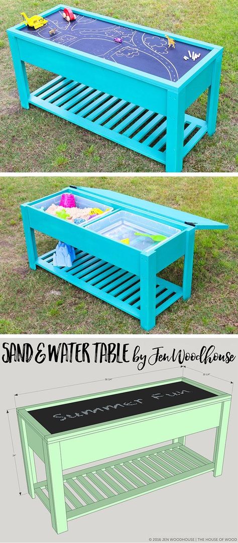 Learn how to build a fun DIY sand and water table for your kids! Free plans by Jen Woodhouse Toddler Water Table, Diy Outdoor Toys, Backyard Kids, Play Area Backyard, Backyard Activities, Backyard Kids Play Area, Sand And Water Table, Woodworking For Kids, Sand Table