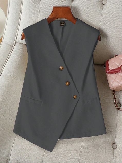 Women's Casual Old Money Style   Sleeveless Work Single-Breasted V-Neck Button Front Vest Blazer Teacher Clothes Business Women Clothes Work Women Blouses Fall Women Clothes Dark Grey Casual  Sleeveless Woven Fabric Plain vest Slight Stretch  Women Clothing, size features are:Bust: ,Length: ,Sleeve Length: Casual Old Money, Waistcoat Woman, Lolita Outfits, Sleeveless Blazer, Sleeveless Suit, Vest Blazer, Womens Business Casual, Teacher Outfits, A Line Gown