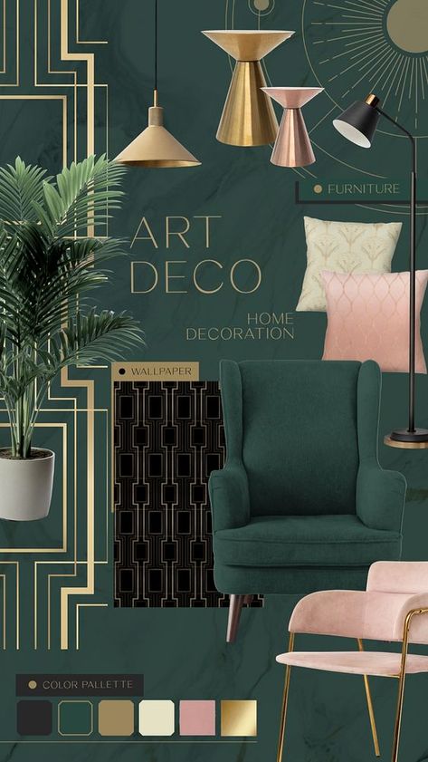 Art deco interior design mood board mockup, customizable design | premium image by rawpixel.com / Benjamas Art Deco Interior Design Color Palette, Art Deco Material Board, Art Deco Bar Interior, Bedroom Ideas Art Deco, Deco Art Deco, Mood Boards Green, Art Deco Color Palette Colour Schemes, Mood Board For Living Room, Art Deco Studio Apartment