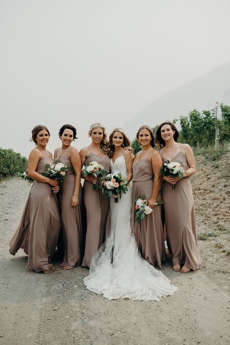 Smokey Wedding at the Fitzpatrick Family Vineyard via Rocky Mountain Bride Colorado Wedding Bridesmaid Dresses, Summer Mountain Wedding Bridesmaid Dresses, Mountain Wedding Party Colors, Mountain Wedding Bridal Party, Mountain Wedding Bridesmaids, Bridesmaids Mountain Wedding, Bridal Party Attire Birdy Grey, Birdygrey Bridesmaids, Summer Mountain Wedding