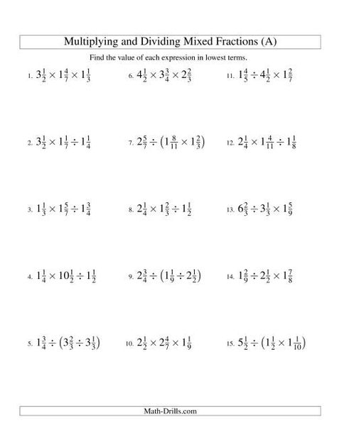 The Multiplying and Dividing Mixed Fractions with Three Terms (A) Math Worksheet Dividing Mixed Fractions, Mixed Numbers Worksheet, Mixed Fractions Worksheets, Dividing Fractions Worksheets, Multiplying Fractions Worksheets, Multiplying Mixed Numbers, Multiplying And Dividing Fractions, Math Fractions Worksheets, Multiplication And Division Worksheets