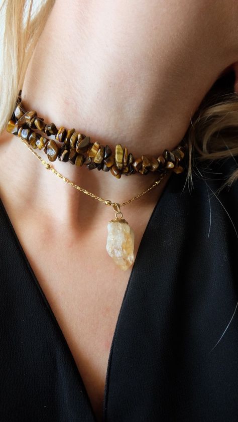 Tigereye Necklace, Citrine Crystal Necklace, Eye Natural, Edgy Jewelry, Tiger Eye Jewelry, Citrine Stone, Citrine Crystal, Diy Stuff, Tiger Eye Stone