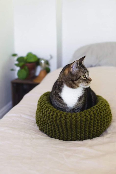 Knit Cat Bed, Diy Jouet Pour Chat, Cat Bed Pattern, Cat Knitting, Diy Chat, Chunky Yarn Blanket, Knit Cat, Diy Cat Bed, Crochet Cat Bed