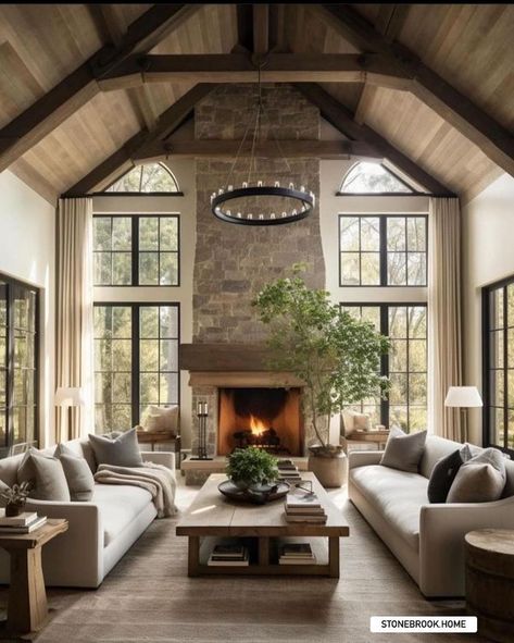 Rustic Charm Living Room, Living Room Stone Fireplace, Cabin Living Room, Becki Owens, Cabin Living, Neutral Interiors, Home Fireplace, Farmhouse Homes, Stone Fireplace