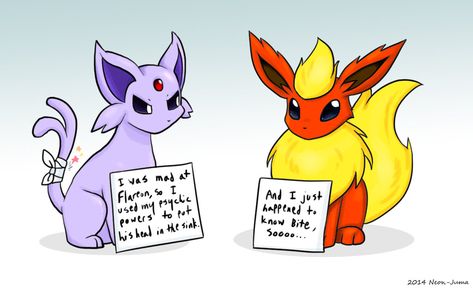 Pokeshaming: Espeon and Flareon by Neon-Juma.deviantart.com on @deviantART Flareon Fanart, Pokemon Shaming, Flareon Pokemon, Pokemon Original, Eevee Evolutions, Pokemon Eeveelutions, Cute Pokemon Pictures, Pokemon Eevee, Pokémon Master