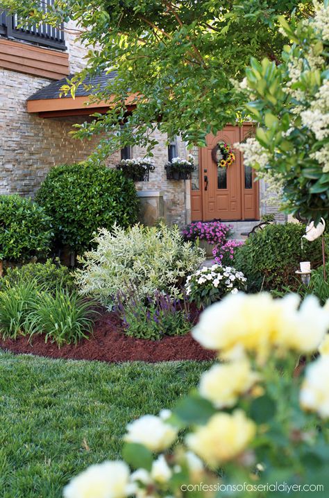 Landscaping Layout Front Yard, Front Yard Landscaping Brick House, Landscaping Under Windows, Layered Landscaping Front Yards, Southern Garden Landscaping, New England Landscaping Front Yard, Corner Lot Landscaping Front Yards, Lakefront Landscaping, Farmhouse Landscaping Front Yard