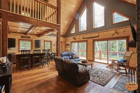 Cabin Floor Plans With Loft, Pine Paneling, Log Home Flooring, Loft Floor Plans, Cabin Plans With Loft, Log Home Plan, Cabin Loft, Cabin Interior Design, House Plan With Loft