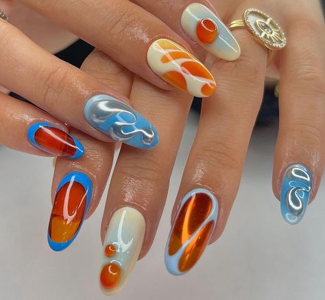 Short Nail Designs Orange, Orange Blue Nails, Nail Design Glitter, Collage Mural, Work Nails, July Nails, Soft Nails, Nail Jewelry, Orange Nails