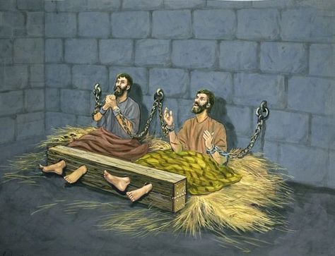 Paul and Silas in prison Bible Illustrations Art, Christian Canvas Paintings, Paul Bible, Singing Drawing, Paul And Silas, Islamic Books Online, Biblical Artwork, Bible Study Topics, Sunday School Crafts For Kids