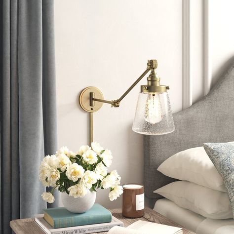 Kelly Clarkson Home Morrison 1-Light Natural Brass Swing Arm Lamp & Reviews | Wayfair Arm Lamp, Kelly Clarkson Home, Kitchen Island Linear Pendant, Elegante Y Chic, Wall Sconces Bedroom, Sconces Bedroom, Glass Wall Lights, Bedside Lighting, Dimmable Lamp