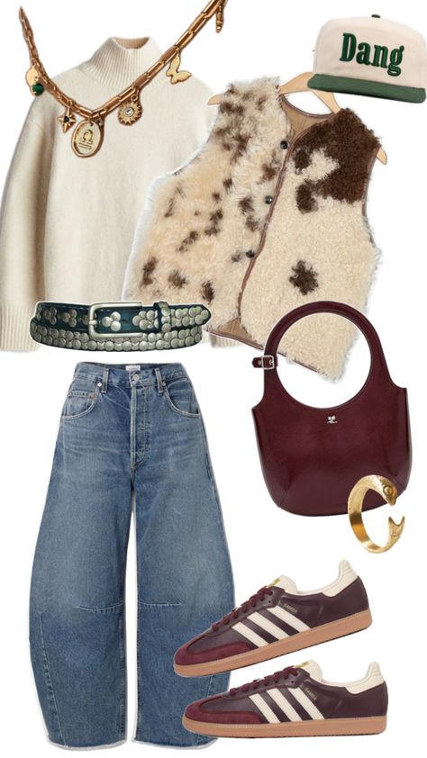 Ootd, fashion ideas, barrel jeans, sambas, burgundy vibes, cow print aesthetic, Cute winter outfit Cow Print Aesthetic, Cute Winter Outfit, Barrel Jeans, William And Mary, Print Aesthetic, Cute Winter Outfits, Winter Outfit Ideas, Aesthetic Cute, Cute Everyday Outfits