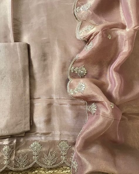 Festive edit Product Details - Pure #tissue shimmer #silk embroidered top with pure tissue shimmer silk embroidered stole style dupatta and soft santoon bottom . . . . . What’s app 9096568686 or DM to order #ethnicwear #indianwear #tissuesilk #tissuefabric #embroidery #revaboutique86 #revaboutique #punjabisuits #textiles #textilesofindia Tissue Fabric, Ivory Colour, Chanderi Suits, Trendy Shirt Designs, Gold Necklace Indian, Gold Necklace Indian Bridal Jewelry, Indian Bridal Jewelry, Necklace Indian, Fabric Embroidery