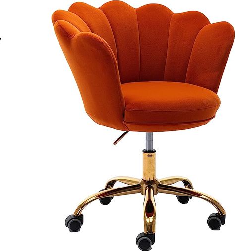 Amazon.com: ZOBIDO Comfy Home Office Task Chair with Wheels, Cute Modern Upholstered Velvet Seashell Back Adjustable Swivel Vanity Desk Chair, for Women, for Kids, for Girls, Living Room, Bedroom (Orange Sombre) : Home & Kitchen Comfy Home Office, Golden Chair, Comfy Home, Living Room Classic, Curved Chair, Living Room Orange, Bedroom Orange, Vanity Desk, Velvet Chair