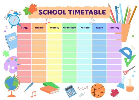 School timetable. Rainbow kid design of planner School Timetable Template Printable, School Time Table Ideas, Time Table Chart Ideas For Classroom, Aesthetic Time Table, Time Table School, Time Table Design School Chart, School Timetable Ideas, School Timetable Design Aesthetic, Time Table App