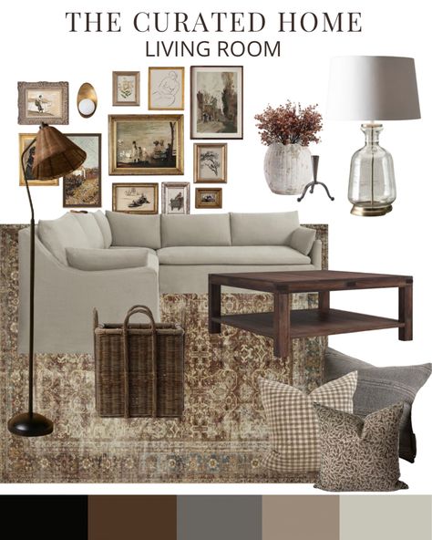 Living Room Set Up Around Fireplace, Vintage Transitional Living Room, Vintage Modern Rug, Modern Organic Vintage Living Room, Rugs For Rustic Living Room, California English Living Room, Organic Modern French Country, Antique Moody Living Room, Farmhouse Living Room Couch Ideas