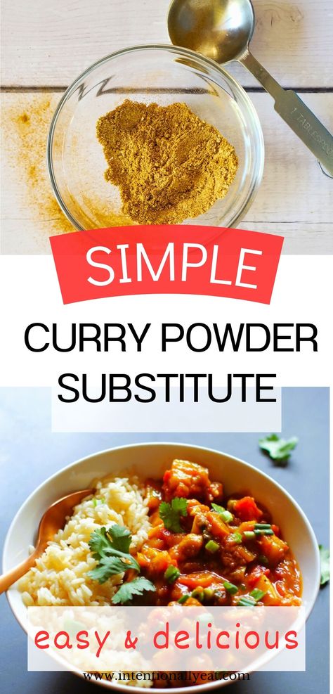 substitute for curry powder in a small glass dish with a tablespoon and image below is a vegan potato curry Coconut Flour Pumpkin Muffins, How To Make Curry, Homemade Curry Powder, Tumeric Powder, Homemade Curry, Best Curry, Spice Blends Recipes, Japanese Curry, Curry Rice