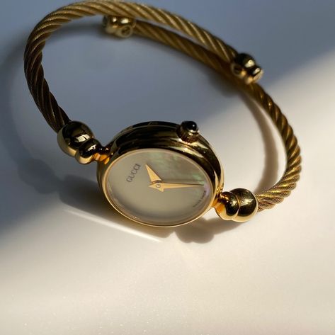 SOLD** Gucci seashell dial bangle watch from the 90s will be available today at 5pm pacific time! Gucci Watches, Bangle Watches, Gucci Watch, The 90s, Mother Of Pearl, Sea Shells, Bangles, Gucci, Quick Saves