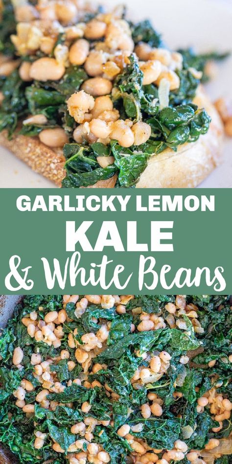 This Garlicky Kale with White Beans and Lemon is so easy to make and surprisingly addicting to eat! It's full of so much great flavor and healthy ingredients. You can enjoy it for breakfast, lunch or dinner. Eat on toast, with rice, or by itself. Vegan and gluten free kale recipe. #kale #garlickykale #breakfast #vegan #kaleandwhitebeans Kale And Bean Salad, Kale And Potato Recipes, White Beans And Kale, Lemon Kale, Garlic Twist, Recipe Kale, Easy Mediterranean Recipes, Garlicky Kale, Chili Oil Recipe