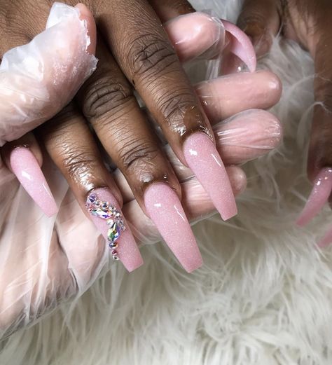 Pink shimmer coffin acrylic nails w/ rhinestones Nails W Rhinestones, Xl Nails, Coffin Acrylic Nails, Curved Nails, Nails Makeup, Acrylic Nails Coffin, Nails Coffin, Nail Tutorials, Mani Pedi