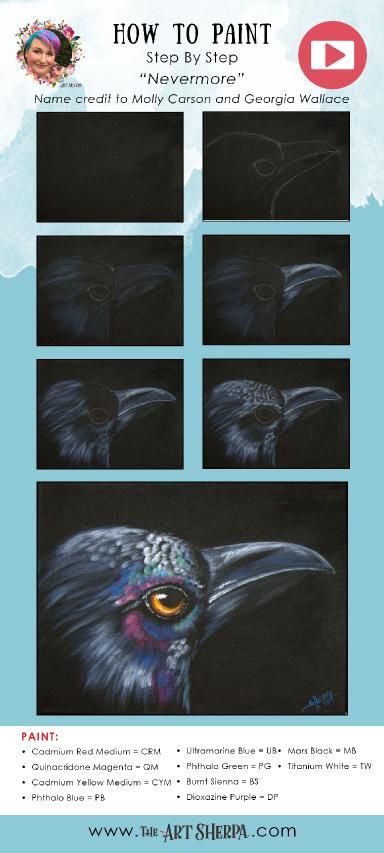 Crow in Black ‍♀️ 13 Days of Halloween Acrylic painting Tutorial Step by Step How To Paint A Crow, Gothic Acrylic Painting, Halloween Acrylic Painting, Painting Tutorial Step By Step, 13 Days Of Halloween, Crow Painting, Raven Feather, Halloween Acrylic, Acrylic Painting Inspiration