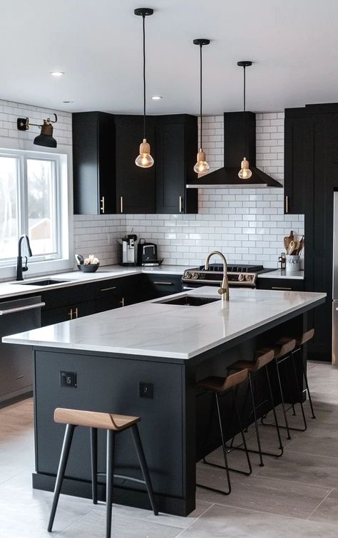 Dark Kitchen Cabinets With Open Shelving, Black Cabinets Kitchen, All Black Kitchen, Black Kitchen Cabinet, Kitchen Design Countertops, Modern Black Kitchen, Black Kitchen Decor, Kitchen Cabinet Ideas, Cabin Kitchen