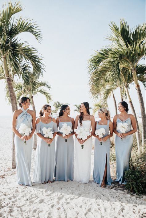 Aruba Wedding Ideas Bridesmaid Dresses, Beach Bridesmaid Colors, Light Blue Bridesmaid Dresses Beach, Beach Wedding Light Blue, Bridal Party Beach Wedding, Beach Wedding Colors Bridesmaid Dress, 7 Bridesmaids Pictures, Blue Bridesmaid Dresses Beach, Bridesmaids Beach Wedding