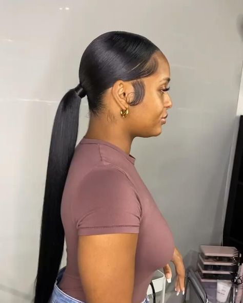 Low Ponytail Wigs Black Women, Low Extended Ponytail Weave Middle Part, Slim Back Ponytail, Center Part Ponytail Black Women, Low Long Ponytail Black Women, Black Women Long Ponytail Hairstyles, Slick Back Extended Ponytail, Low Ponytail For Black Women, Sleek Low Bun Black Women Middle Part