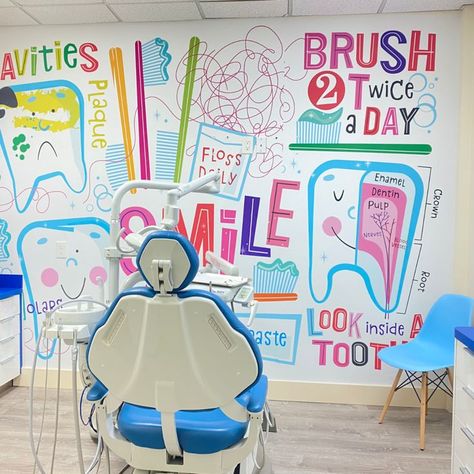 Create a welcoming, kid-friendly environment in your pediatric dental clinic with a cute and informative Dental Hygiene Pediatric mural wallpaper. Created by children's illustrator Edward Miller, the colorful cartoon style of this dental mural is perfect for keeping kid's entertained and engaged during their visit. Pediatric Dental Clinic, Pediatric Dental Office Decor, Kids Dental Office, Pediatric Dental Office Design, Pediatric Office Decor, Dental Wall Art, Dental Wallpaper, Dentistry Office, Children's Clinic