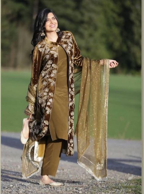 Velvet dresses for girls, Winter Dress Shaneel Dress Designs, Shrugs Suits Design, Velvet Material Dress Design, Shrug Suit Design Pakistani, Velvet Suit Ideas Pakistani, Shrug Suit Design Party Wear, Velvet Shrug Dresses, Shaneel Suits Designs, Woollen Suit Designs Winter