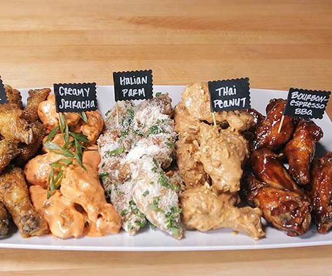 For your tailgate, Super Bowl or March Madness potluck parties, serve these 5 tasty chicken wing recipes with unique and flavorful sauces that put a spin on the traditional Buffalo chicken wing! Wedding Chicken Wings Bar, Chicken Wing Station Wedding, Wings For Party, Reception Finger Foods, Finger Food Wedding Reception, Cozy Party, Food Savoury, Housewarming Ideas, Cooking Chicken Wings