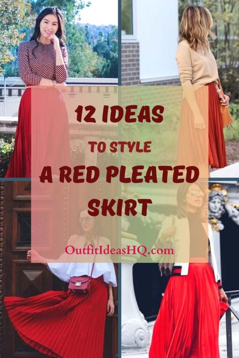 Red pleated skirts are one clothing item that looks great, feels comfortable and is quite simple to pull off. You can pair a red pleated skirt with boots and sweaters during winter, while in summer – sandals or pumps with t-shirts or button down shirts are viable options as well. Pleated Skirt Style Ideas, Red Christmas Skirt Outfit, Style A Red Skirt, Long Skirt Holiday Outfits, Long Pink Pleated Skirt Outfit, Red Pleated Skirt Outfit Winter, Pleated Skirt Sweater Outfit, Long Red Skirt Outfit Ideas, Pleated Skirt Outfit Christmas