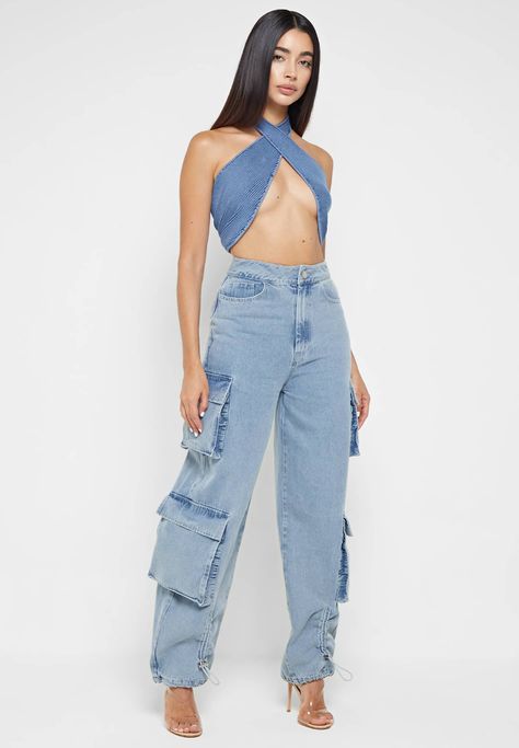 Wide Leg Denim Cargo Jeans - Blue | Manière De Voir USA Cargo Pants Outfit Fall, Jeans Silhouette, Cargo Pants Style, Hollywood Model, Pants Outfit Fall, Winter Pants Outfit, Bungee Cords, Denim Cargo Pants, Cargo Pants Outfit