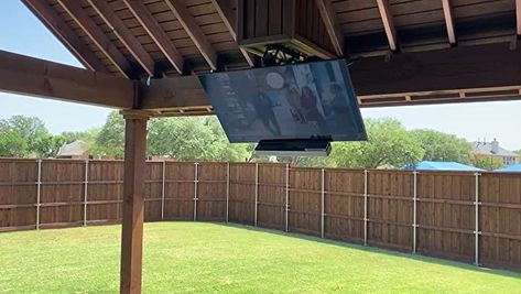 Tv Under Gazebo, Screened In Porch Tv Ideas, Tv Wall On Deck, Tv Mount Outside Patio, Tv On Back Porch, Outdoor Tv Ceiling Mount, Covered Patio Tv Ideas, Back Porch Tv Ideas, Outdoor Tv Mounting Ideas