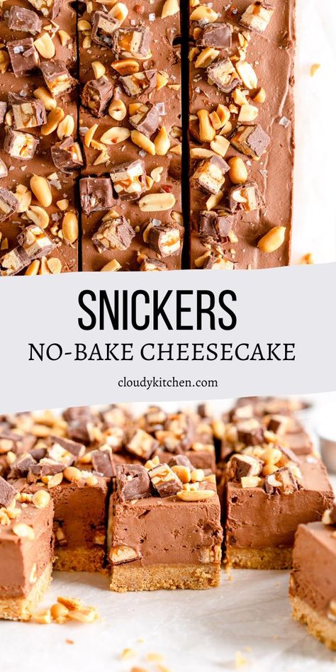 Snicker Cheesecake No Bake, No Bake Snickers Cheesecake, Snickers Cheesecake Recipe, Budwig Diet, Cloudy Kitchen, Slice Recipes, No Bake Cheesecake Filling, Snickers Cheesecake, No Bake Chocolate Cheesecake